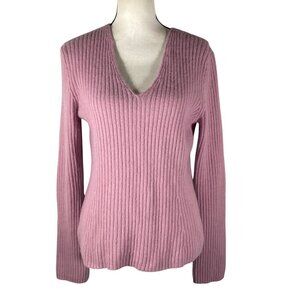 Ann Taylor Womens Ribbed V-Neck Sweater M Angora Wool Blend Pink soft lux